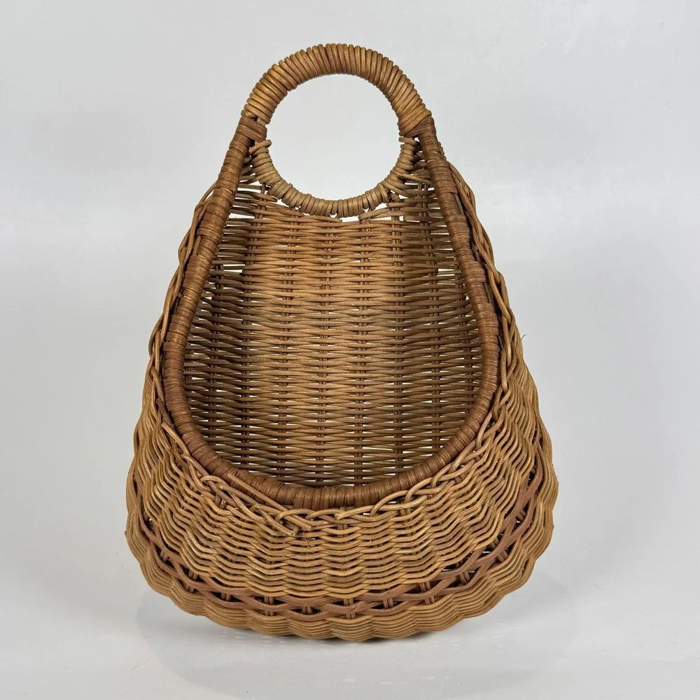 Vintage Handwoven Wicker Market Basket Round Handle Boho Rattan Farmhouse Decor